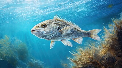Obraz premium A Gray Fish Swimming Through Blue Water with Seaweed