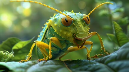 Close-up of a Green Insect with Yellow Legs on a Leaf