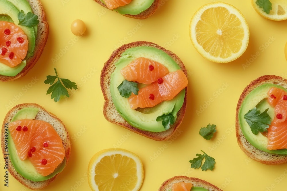 Poster savor a vibrant breakfast of avocado toast topped with salmon, garnished with citrus slices and herb