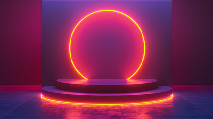 Gold podium for product presentation with yellow neon circle vector illustration.