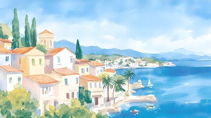 Obraz premium A vibrant seaside village with multicolored houses nestled along a palm tree-lined coast, a tranquil turquoise sea glistening under the sun, watercolor style