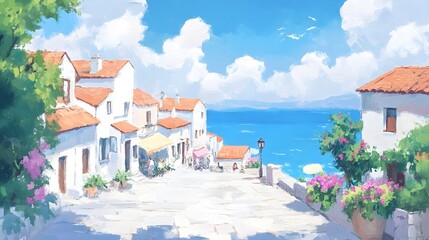 Fototapeta premium Coastal townscape in oil painting style, colorful buildings, crowded markets, and a vivid blue ocean, capturing lively energy and rich textures