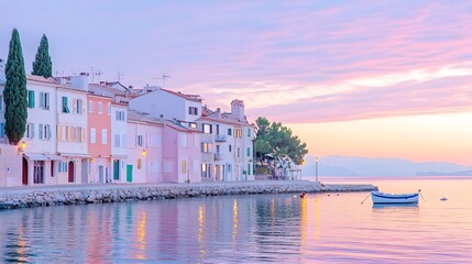 Obraz premium A peaceful coastal village with pastel-colored houses, the sun setting over gentle waves, warm light reflecting off the water