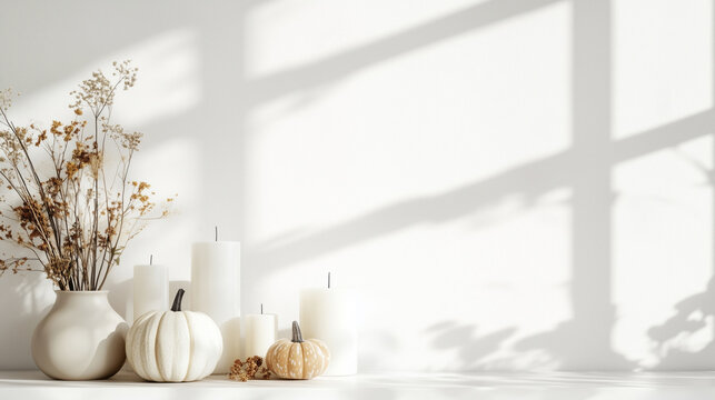 Autumn interior decoration with candles, decorative pumpkins and a bouquet of dried flowers in a vase, with area for text or design