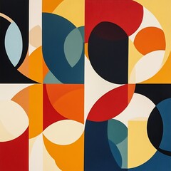 Abstract geometric pattern with overlapping circles and squares in complementary colors