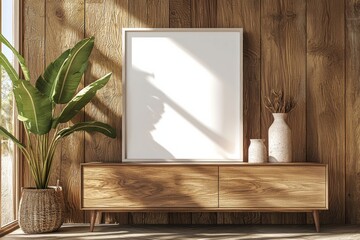 Poster Frame Mockup on Wooden Interior Background created with Generative AI