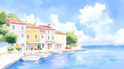 Obraz premium Brightly colored seaside village with golden sands, calm waters, and detailed watercolor oil painting effect, capturing the essence of coastal tranquility