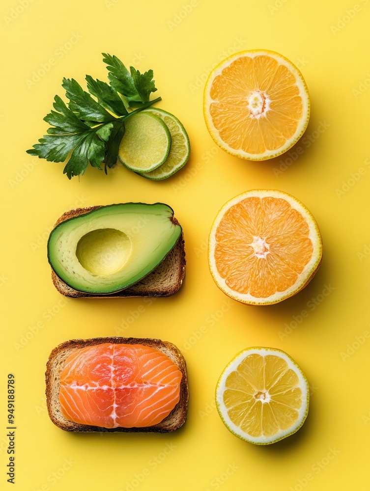 Poster Start your day with a nutritious breakfast featuring avocado toast topped with salmon and sliced citrus fruits on a yellow backdrop. Generative AI