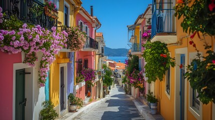 A charming coastal town, narrow streets lined with flower-filled balconies, vibrant colors everywhere, and a clear, bright blue sky