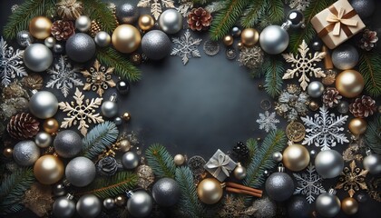 Elegant Christmas Flat Lay Background with Silver and Gold Ornaments, Snowflakes, and Pine Branches for Holiday Design, Greeting Cards, and Seasonal Decor Background