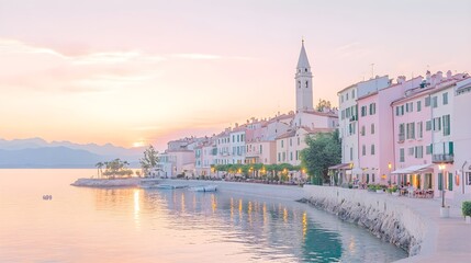 Fototapeta premium A peaceful coastal village with pastel-colored houses, the sun setting over gentle waves, warm light reflecting off the water