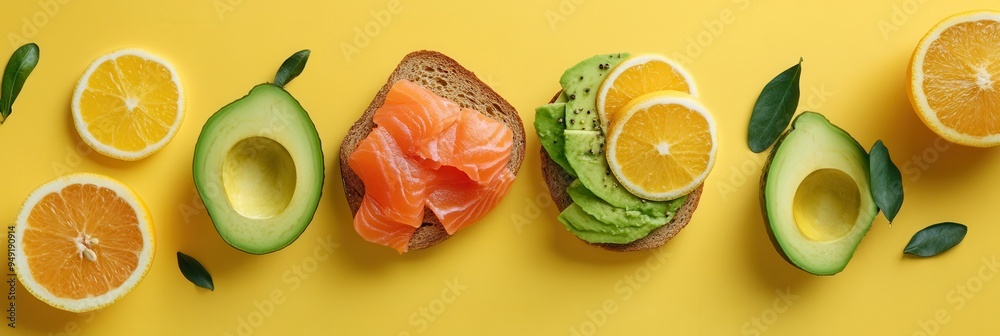 Poster A colorful breakfast spread includes avocado toast topped with salmon, surrounded by fresh citrus on a cheerful yellow background. Generative AI