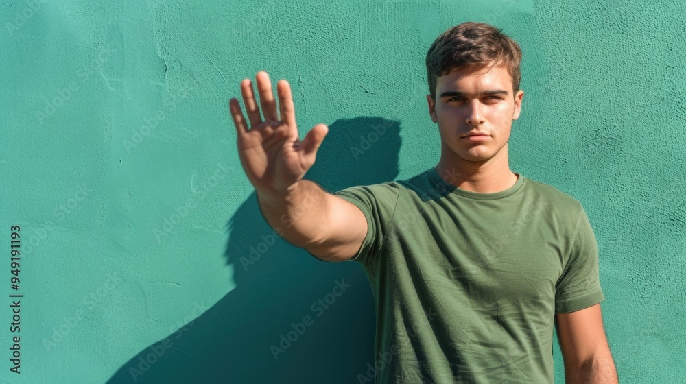 Aufkleber a person stands in front of a vibrant green wall, suitable for use as a background or illustration