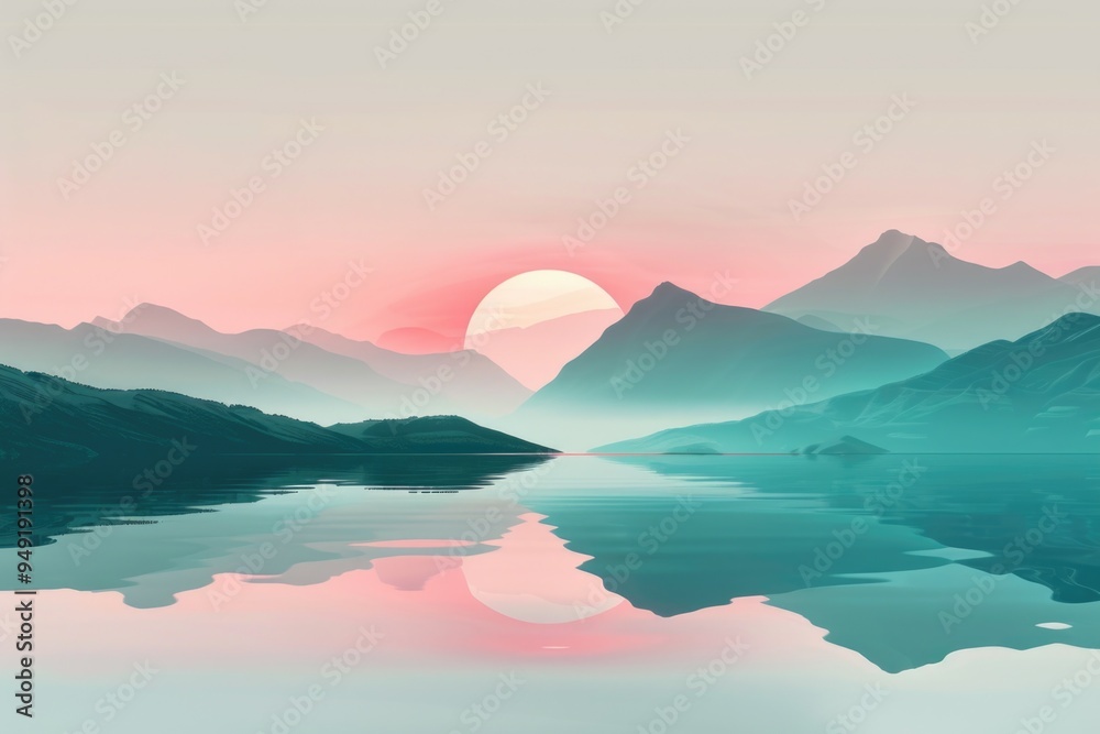 Poster a serene landscape with the sun setting behind a mountain range