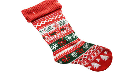 Christmas stocking sock with festive patterns isolated on white background 
