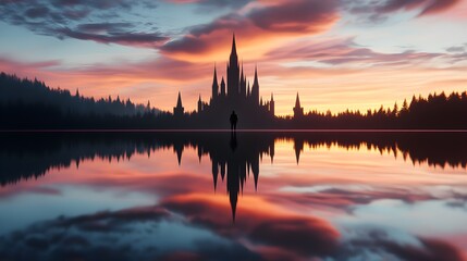 Obraz premium Magical castle reflecting in a serene lake, blended with twilight colors and enchanted forest surroundings