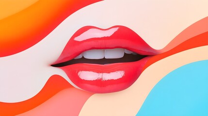 Energetic pop art lips with bold lipstick shades, layered in double exposure with vibrant abstract backgrounds, creating a striking visual impact