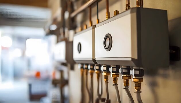 White Control Panels with Brass Fittings and Pipes on a Wall