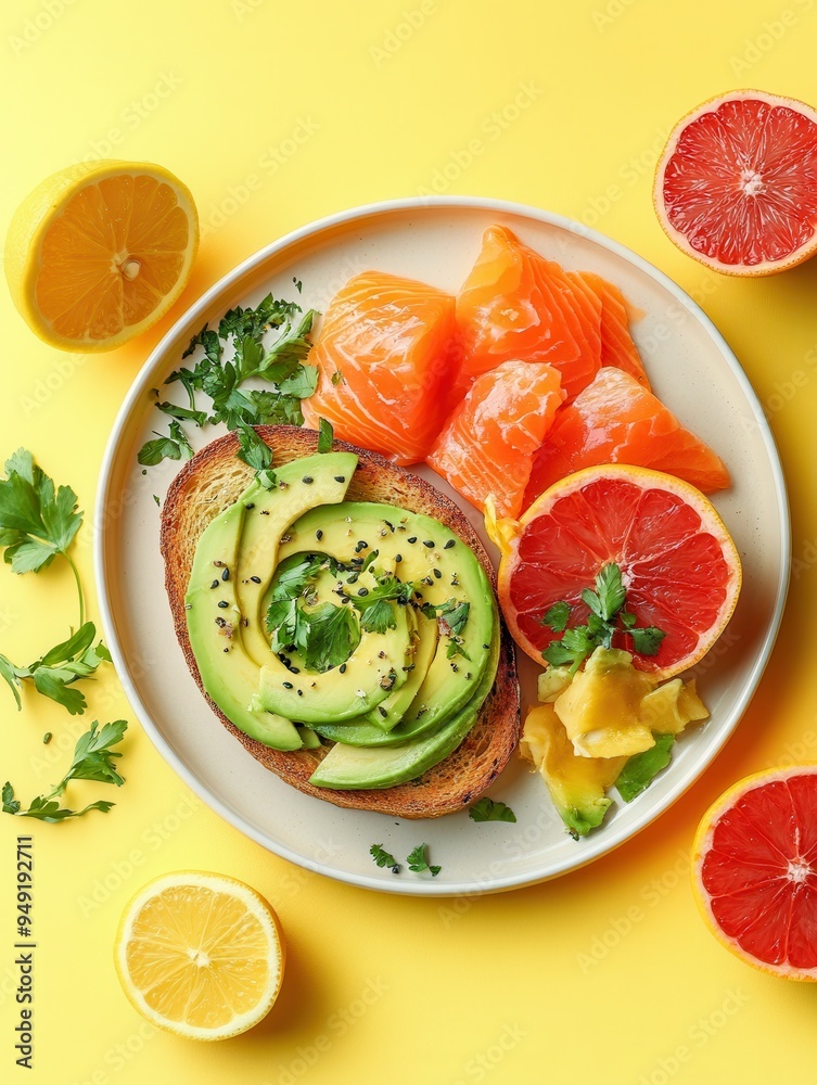 Poster start your day with a nutritious breakfast featuring avocado toast topped with salmon and fresh citr