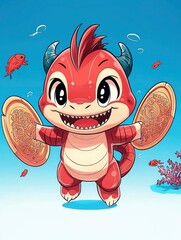 Fototapeta premium Happy Red Dragon Holding Golden Coins Underwater