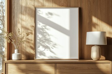 Poster Frame Mockup on Wooden Interior Background created with Generative AI