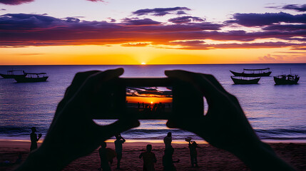 Person capturing sunset using smartphone.