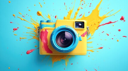 A playful cartoon camera with a paintbrush, creating artistic photo effects with colorful splashes.
