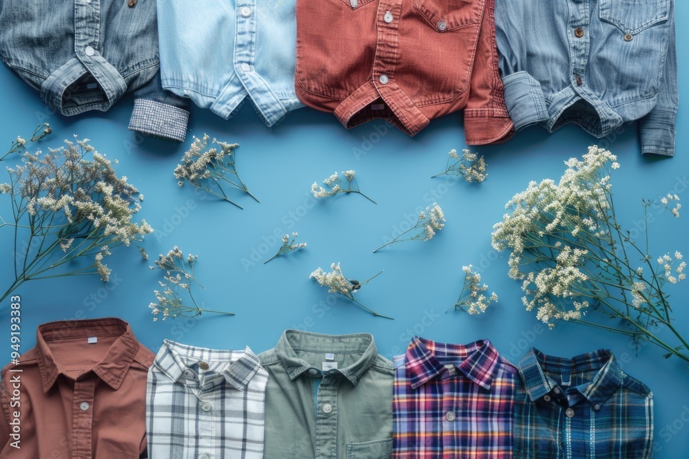 Poster a selection of colorful shirts arranged neatly on a bright blue surface, ideal for use in lifestyle 