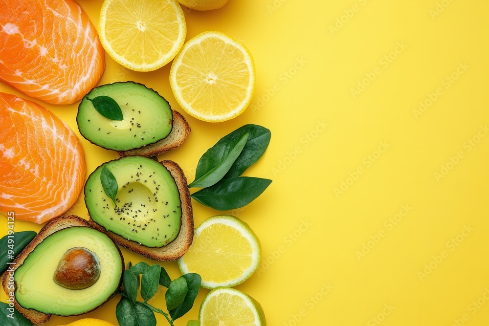Poster a vibrant breakfast spread showcasing avocado toast topped with salmon and garnished with fresh citr