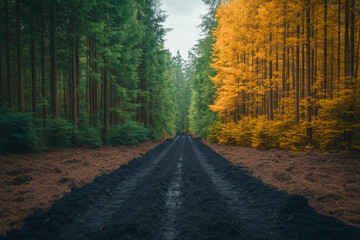 Naklejka premium A vibrant, healthy forest next to a logged, barren area, illustrating the contrast between conservation and destruction.