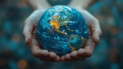 A graphic of the Earth's ozone layer with protective hands around it, symbolizing efforts to protect the ozone.