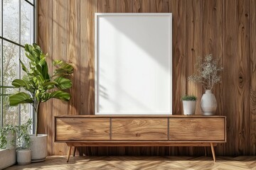 Poster Frame Mockup on Wooden Interior Background created with Generative AI