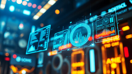 An AI interface with holographic data panels floating in mid-air against a sci-fi background