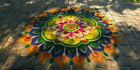 A vibrant floral design on a classic brick path, perfect for home decor or garden inspiration