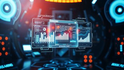 An AI interface with holographic data panels floating in mid-air against a sci-fi background