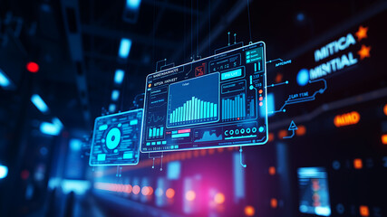 An AI interface with holographic data panels floating in mid-air against a sci-fi background