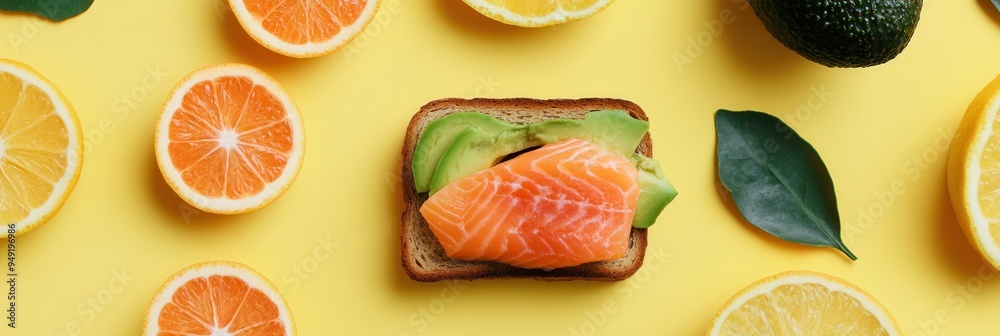 Poster enjoy a nutritious breakfast featuring avocado toast topped with salmon, surrounded by fresh citrus 