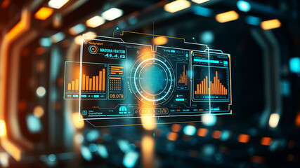 An AI interface with holographic data panels floating in mid-air against a sci-fi background