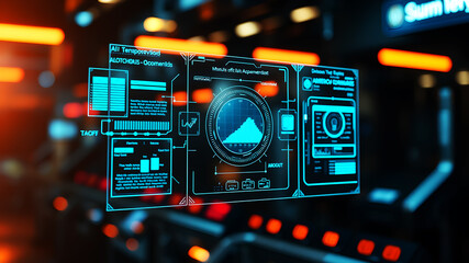An AI interface with holographic data panels floating in mid-air against a sci-fi background