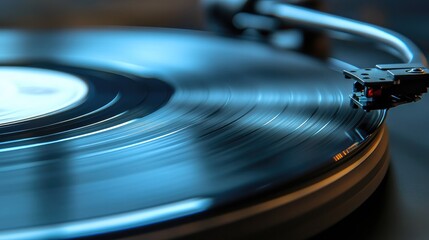 A close-up of a vinyl record spinning on a turntable, showing the circular grooves.
