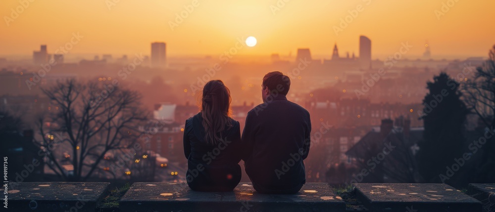 Sticker A couple sits on a ledge overlooking a city at sunset. AI.