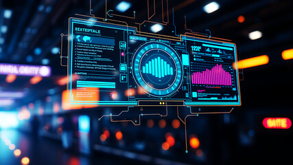 An AI interface with holographic data panels floating in mid-air against a sci-fi background