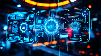 An AI interface with holographic data panels floating in mid-air against a sci-fi background