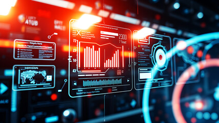 An AI interface with holographic data panels floating in mid-air against a sci-fi background