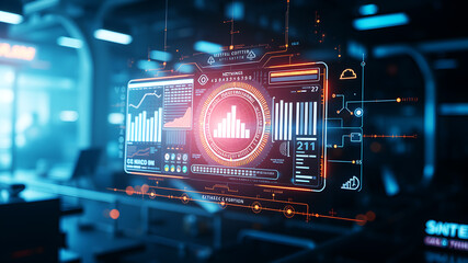 An AI interface with holographic data panels floating in mid-air against a sci-fi background