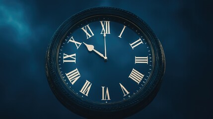 A round clock face showing midnight, with a minimalistic design and clear numbers.