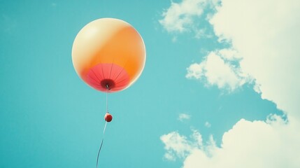 Obraz premium A round, colorful balloon floating in the sky, with clouds in the background.