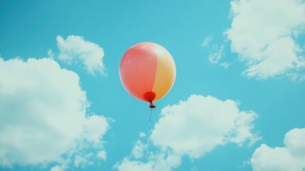 Fototapeta premium A round, colorful balloon floating in the sky, with clouds in the background.