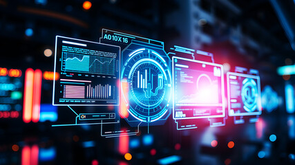 An AI interface with holographic data panels floating in mid-air against a sci-fi background