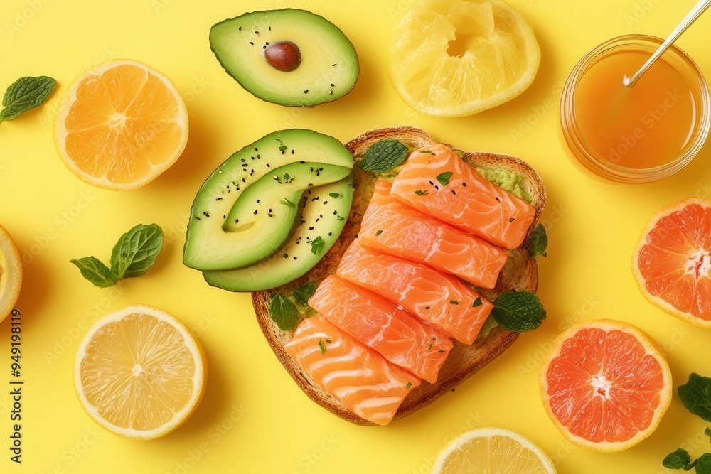Poster Enjoy a delicious breakfast with avocado toast topped with salmon and surrounded by colorful citrus fruits on a vibrant yellow backdrop. Generative AI